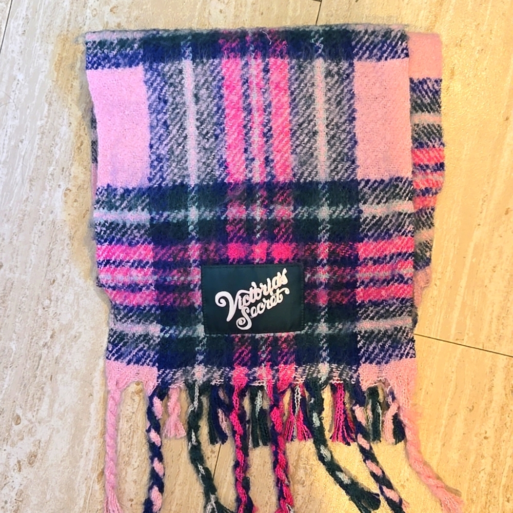 Victoria's Secret Multi-Colored Pink Plaid Fuzzy Fringed Edge Oversized Scarf